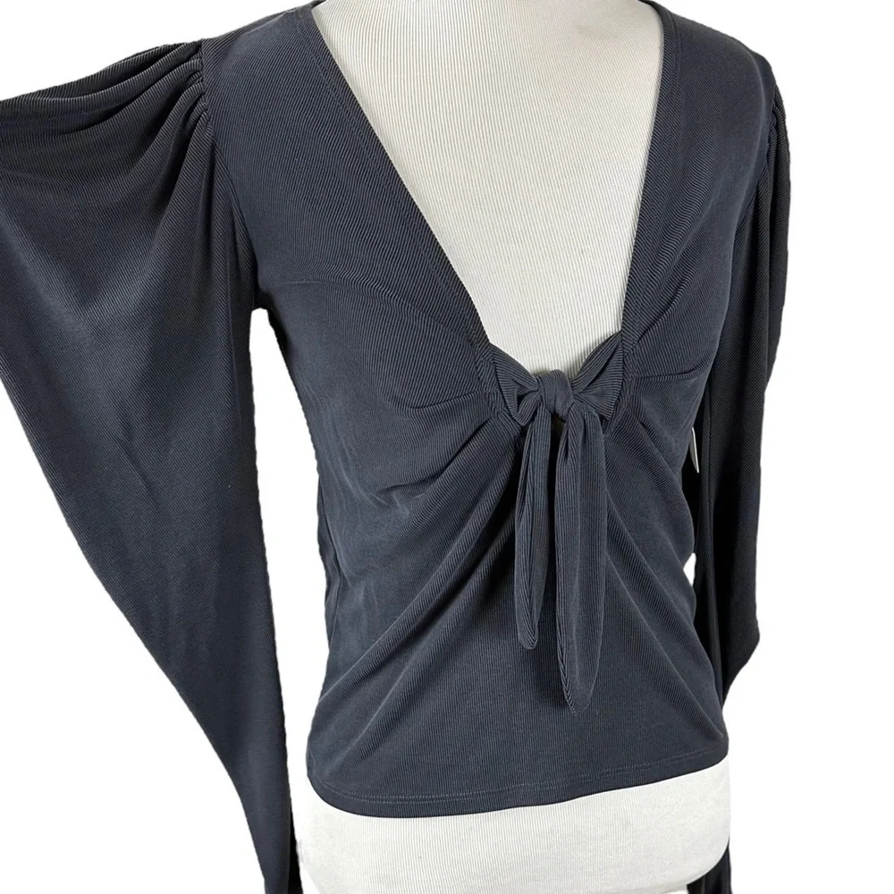 Free People Tie The Knot Top Ribbed Puffed Long Sleeves Black Size XS NEW